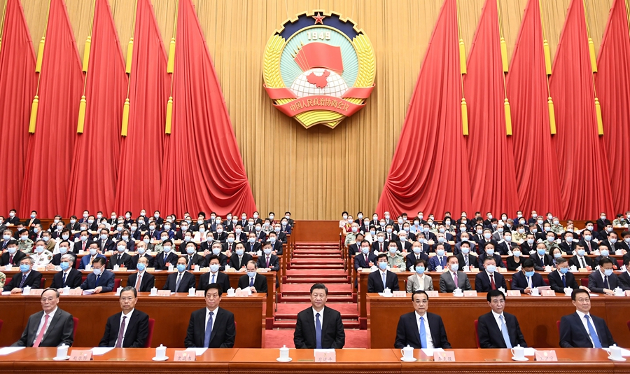5月27日，中國人民政治協(xié)商會議第十三屆全國委員會第三次會議在北京閉幕。這是習(xí)近平、李克強(qiáng)、栗戰(zhàn)書、王滬寧、趙樂際、韓正、王岐山等在主席臺就座。 新華社記者 謝環(huán)馳 攝